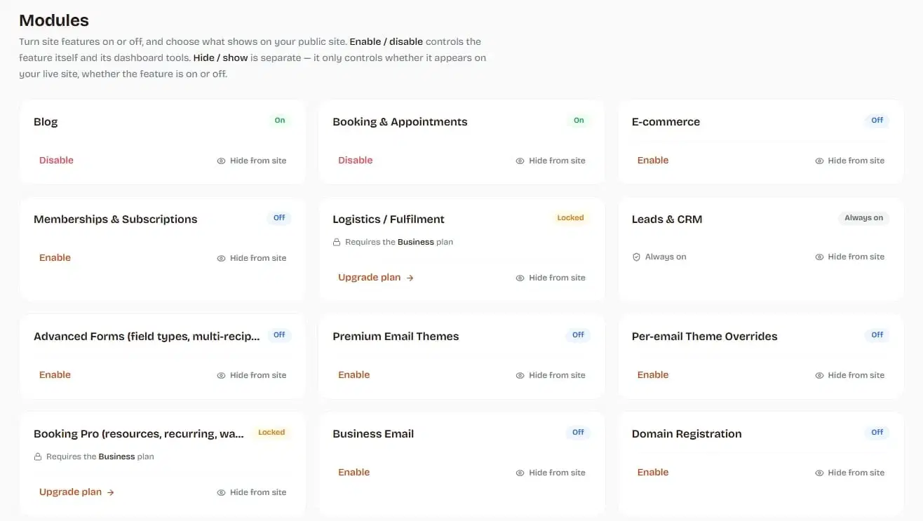 Branmart modules page for switching website features on and off