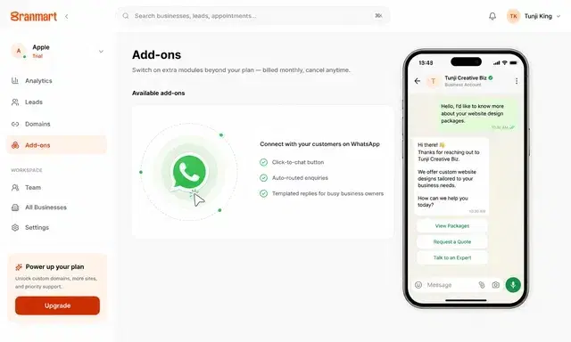 Branmart add-ons page with the WhatsApp chat button and a phone showing a customer conversation